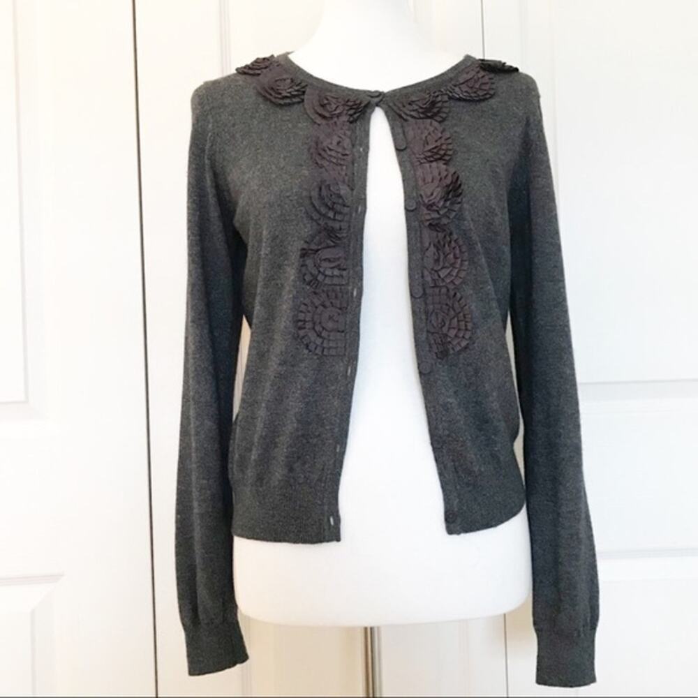 Boden Cardigan Sweater Women Size 12 Gray Rosette Trim Cashmere Angora Blend